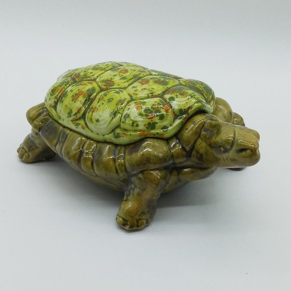 Vtg Arnels Pottery Turtle Candy Dish Lidded Trinket Ceramic Green Orange Speckle - Picture 2 of 10